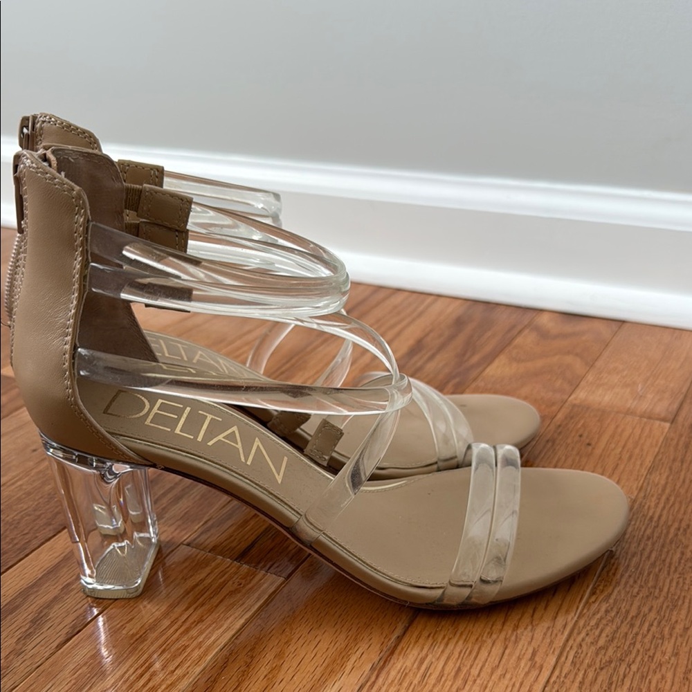 Delta Tan Strappy Heels with Clear Block Heel